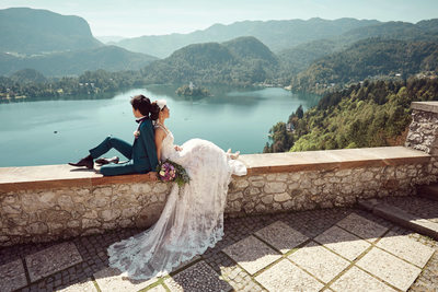 T&S enjoying view overlooking Lake Bled on wedding day