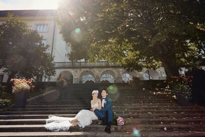 Portrait of Bride & Groom in the sunshine at Vila Bled