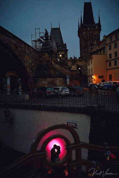 illuminated by the red light Prague night photos