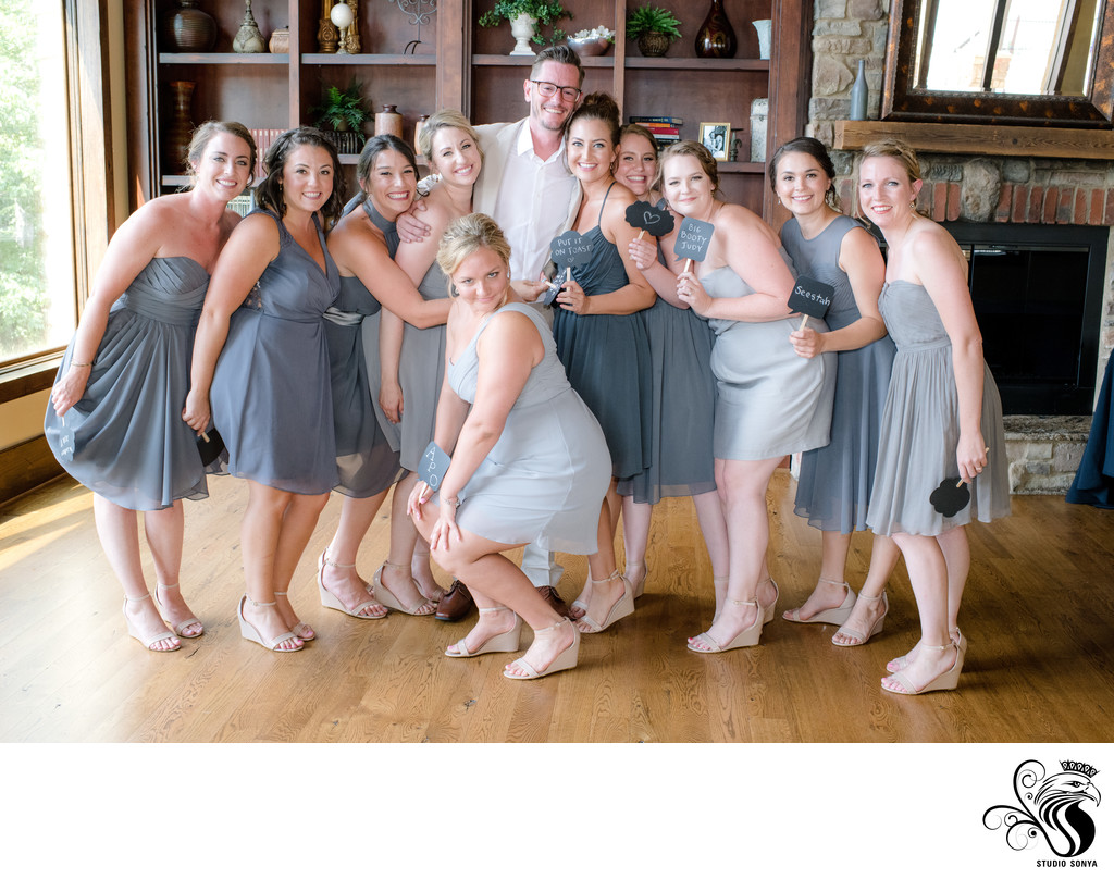 Groom with Bridesmaids in Stokesdale, NC