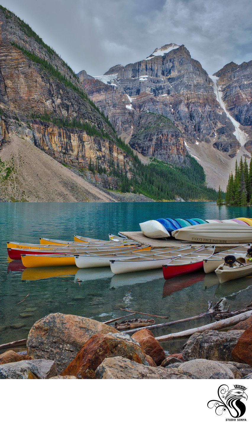 Canoes Resting on the Dock at Moraine Lake