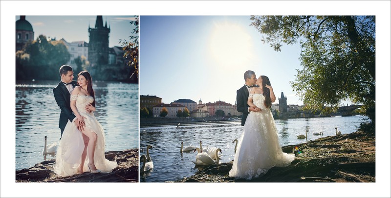 Sexy bridal portrait with groom at riverside in Prague
