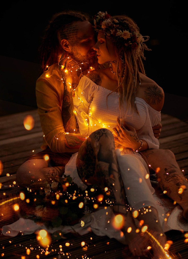 boho styled couple session with fairy lights