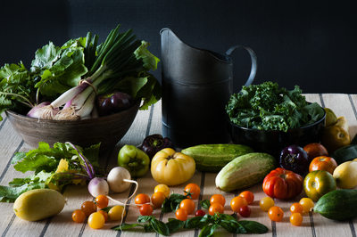 Still life food of fresh farm ingredients and produce