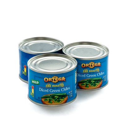 Ortega Fire Roasted Green Chiles in Cans on White
