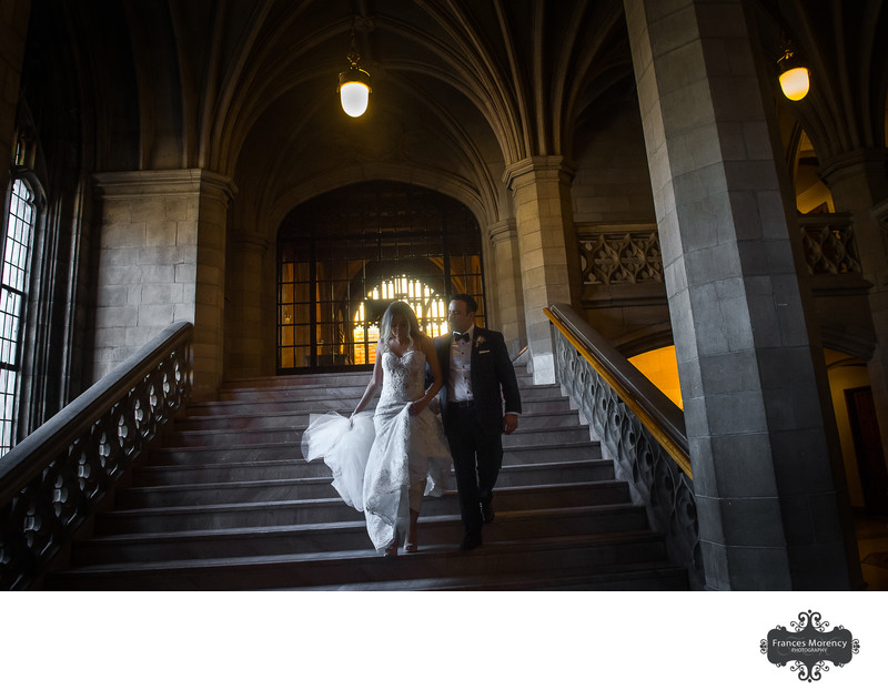 Wedding Couple Walking Down Stairs:  Toronto Knox College