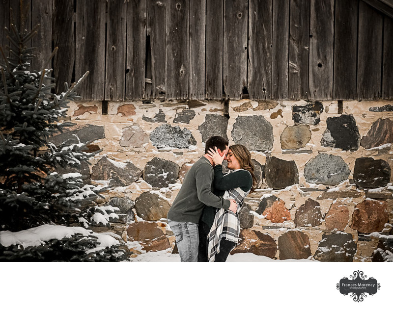 Owen Sound Farm Winter Engagement by Stone Wall