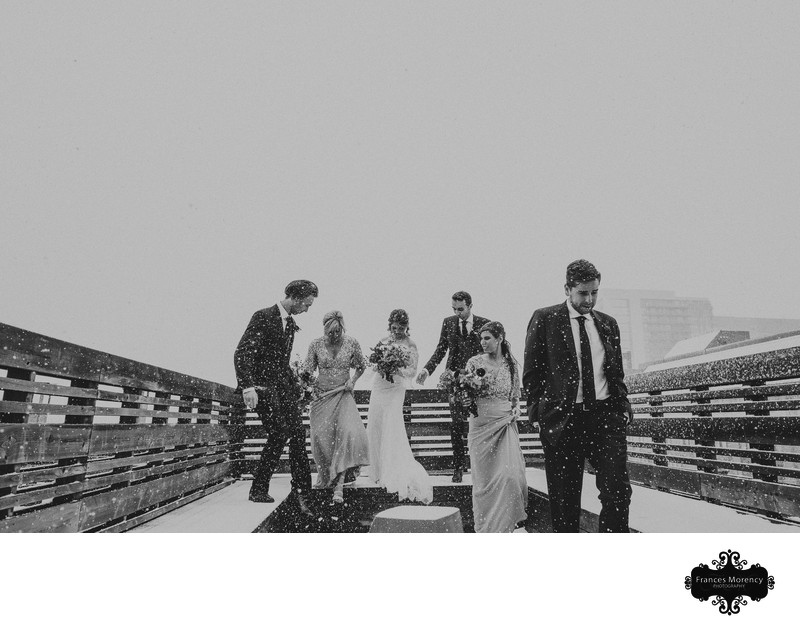 Wedding Party in Snow:  Black and White Photographer