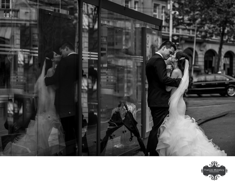 Bride Groom Kiss by Bus Stop:  Black and White Photographer