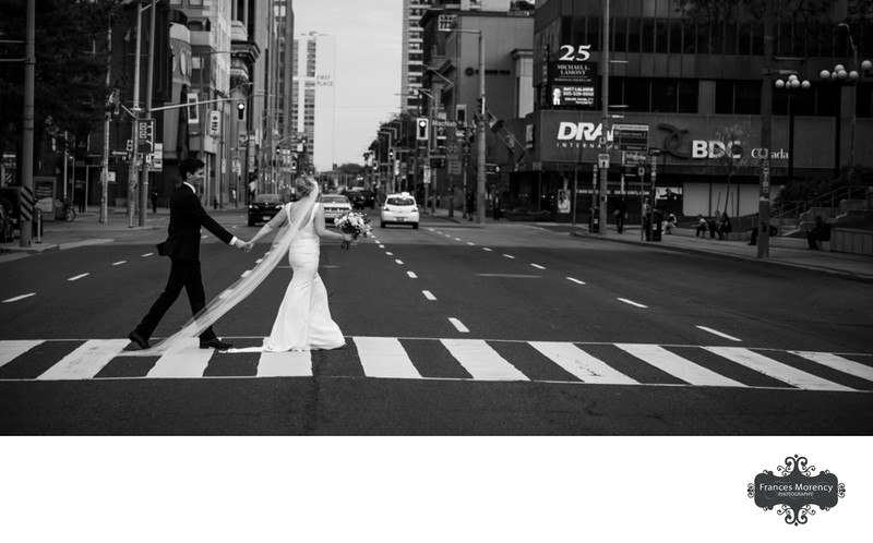 Wedding Couple Walks Across Busy City Street