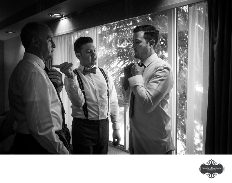 Tie Tying Lesson:  Black and White Wedding Photographer