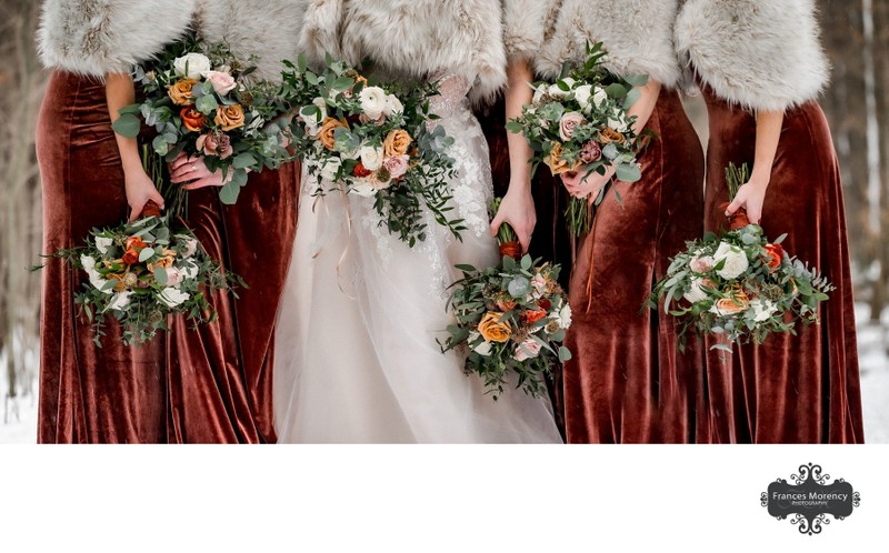 Rust Velour Bridesmaids Dresses:  Alliston Photographer