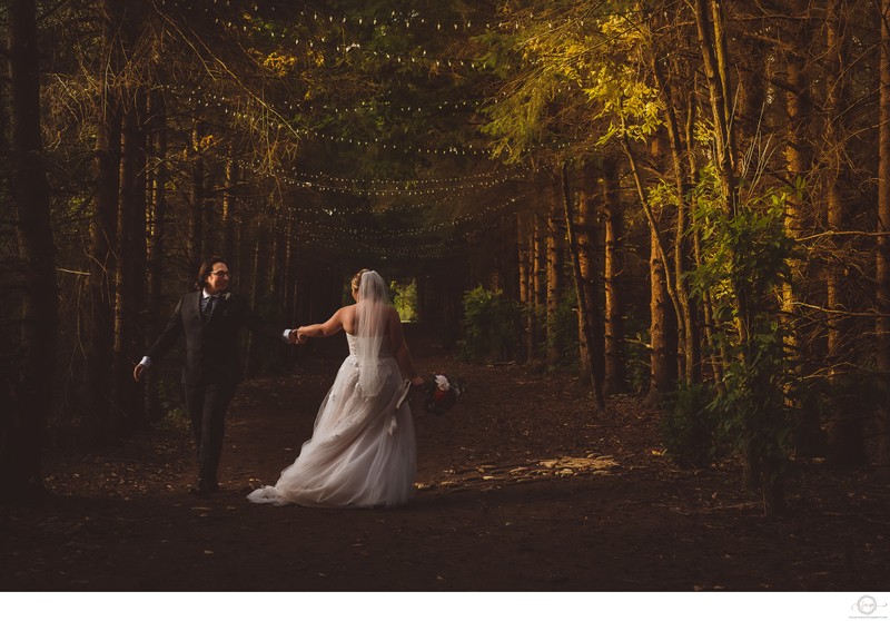 Wedding Portrait in Forest Lit with Lights at Kortright
