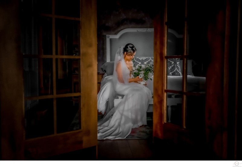 Bride with French Doors:  Elora Mill Hotel Photographer