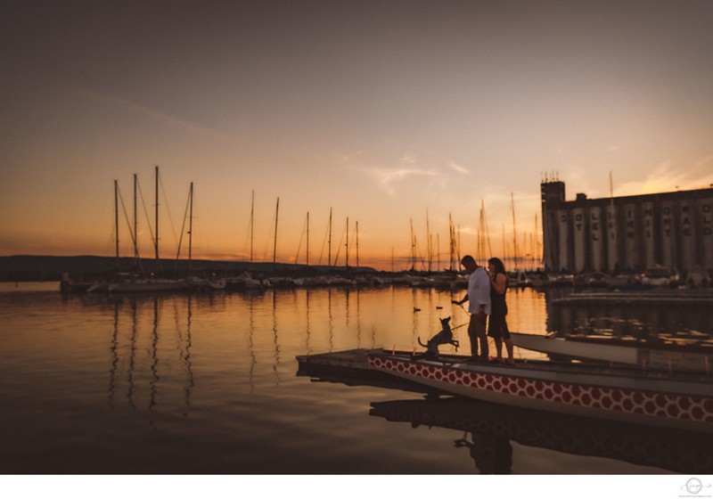 Sunset Photos with Dog on Dock:  Collingwood Engagement 