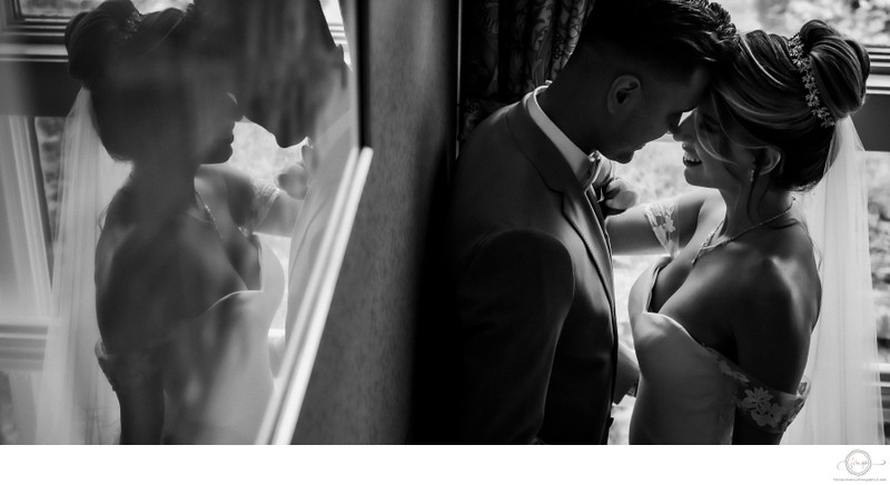 Black and White Reflection Portrait of Bride and Groom