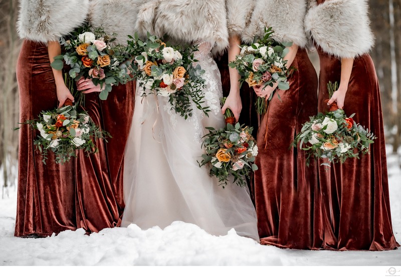 Winter Wedding Photo of Bridesmaids in Rust Dresses 