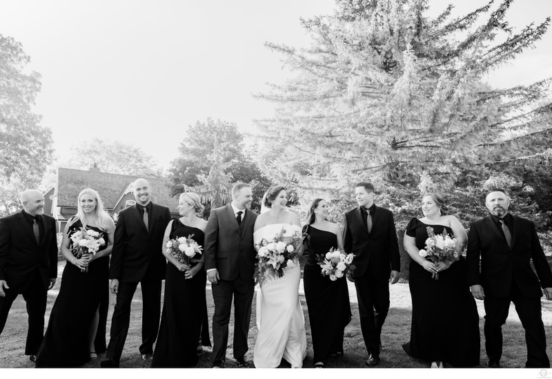 Classic Bride & Wedding Party in Black Dresses at Belcroft