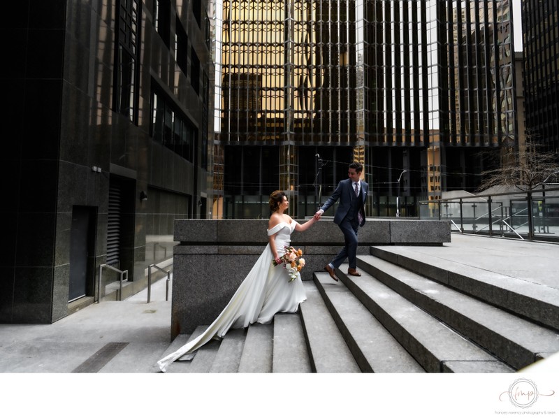 Wedding Couple Portrait on Steps of Toronto Buildiing