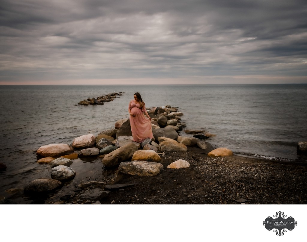 Pregnant Girl on Rock at Sunset:  Collingwood Maternity