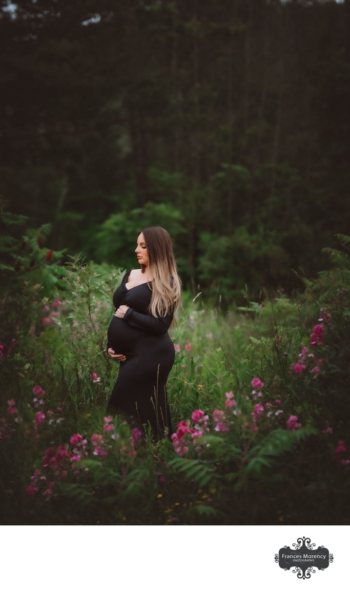 Maternity Portrait with Black Dress in Field