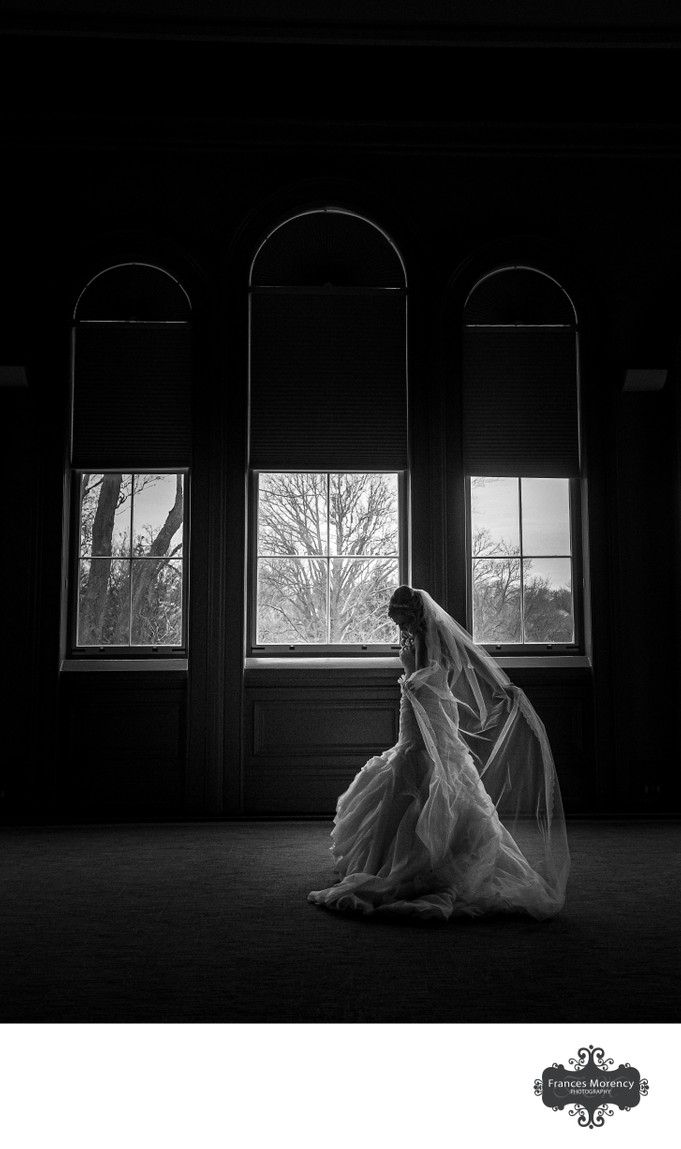 Bride Plays with Veil:  Black and White Wedding Photographer
