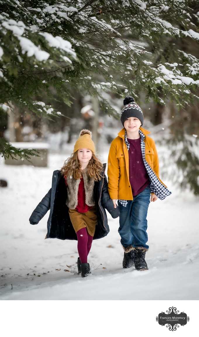 Kids Walking in Snow:  New Lowell Family Photographer
