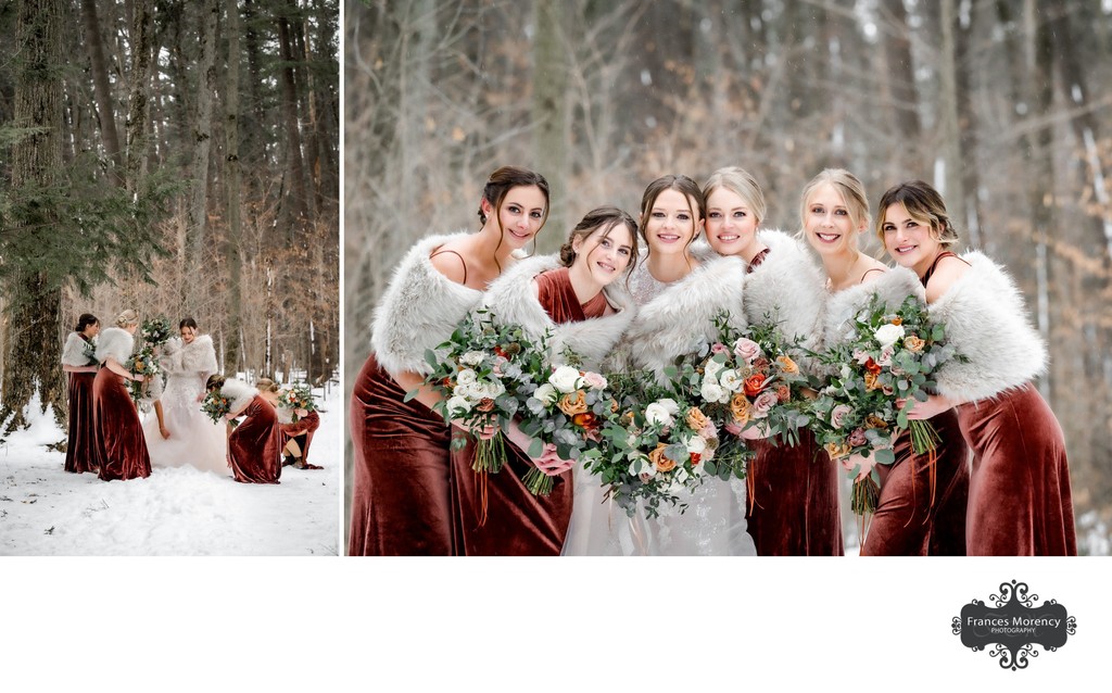 Rust Velour Bridesmaids Dresses with Fur:  Alliston Photographer