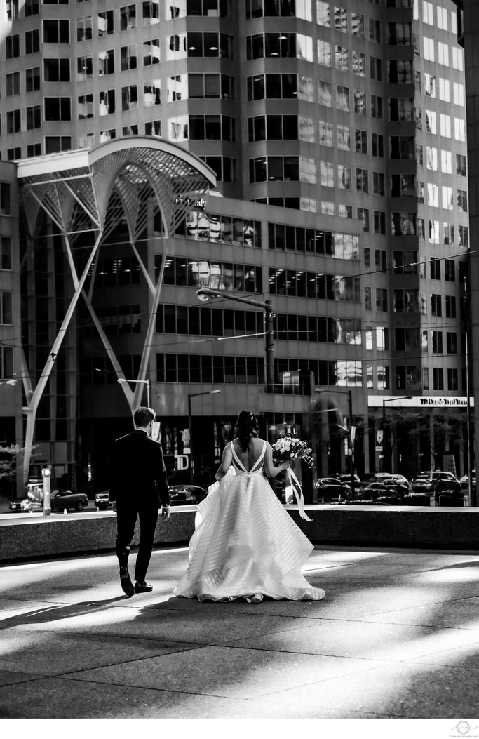 Bride Groom in City:  Black and White Wedding Photographer