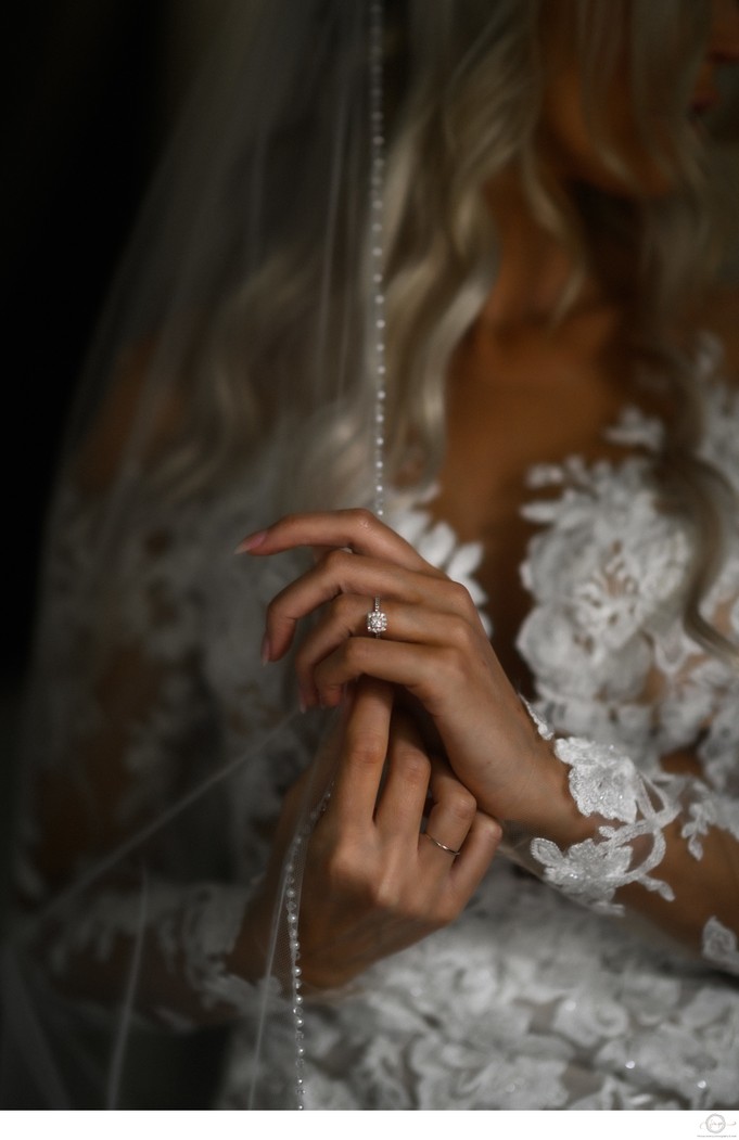 Engagement Ring Photo with Bride Holding Veil