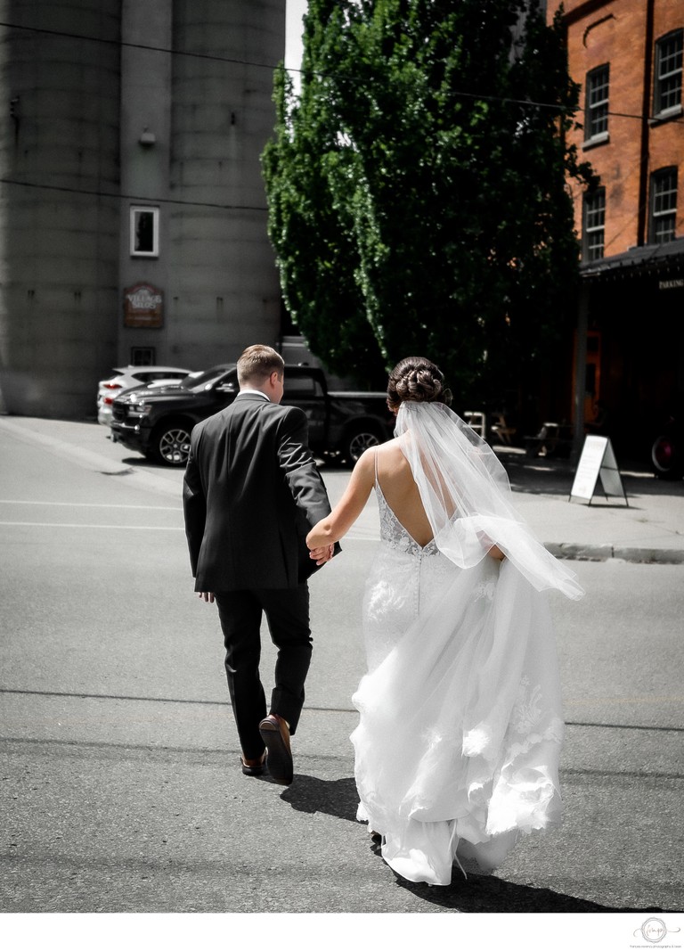 Bride Groom Walking Across Street at Cellar 52 Wedding