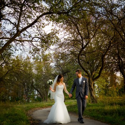 Bride Groom Walking on Trail:  Copper Creek Golf Wedding