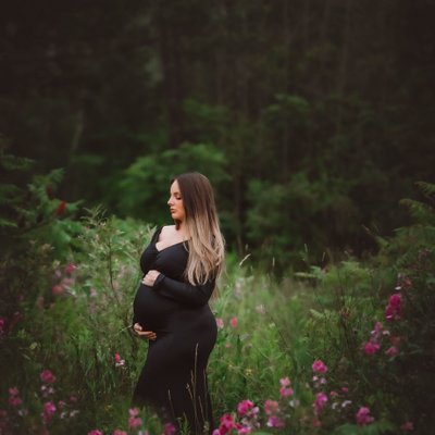 Maternity Portrait with Black Dress in Field