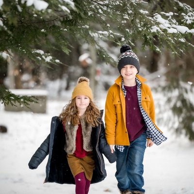 Kids Walking in Snow:  New Lowell Family Photographer