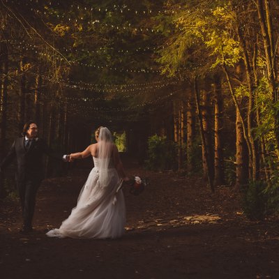 Wedding Portrait in Forest Lit with Lights at Kortright