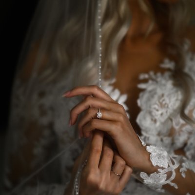 Engagement Ring Photo with Bride Holding Veil