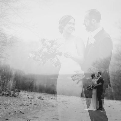 Bride and Groom Double Exposure in Black and White