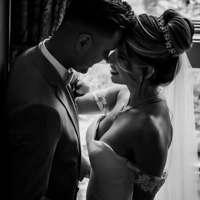 Black and White Reflection Portrait of Bride and Groom