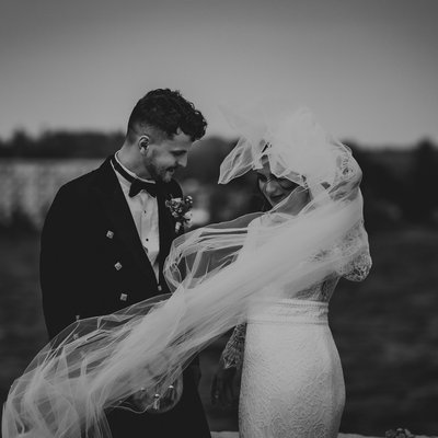 Bride Managing Veil on Windy Day:  Owen Sound Wedding
