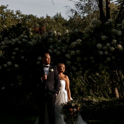 Bride and Groom Portrait in Harsh Light with Hydrangeas
