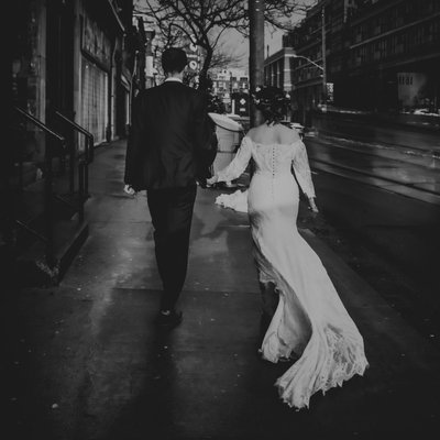 Bride Groom Walking on Street of Toronto