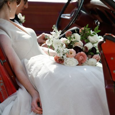 Bride Groom in Vintage Red Corvette on Wedding Day