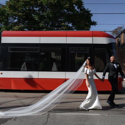 Bride Groom Photo with Red TTC Bus in Toronto