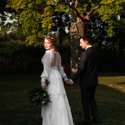 Harsh Light Outdoor Portrait of Bride Groom Walking