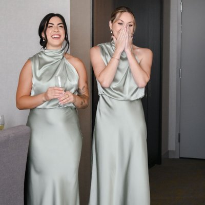 Bridesmaids First Look In Seafoam Green Dresses