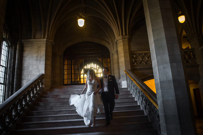 Wedding Couple Walking Down Stairs:  Toronto Knox College