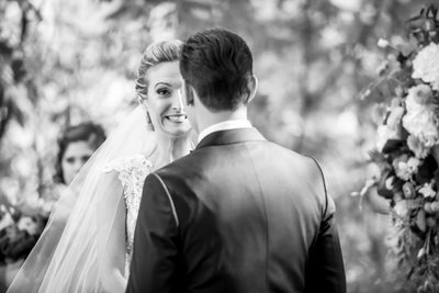 Bride Laughs During Ceremony:  Black and White Wedding