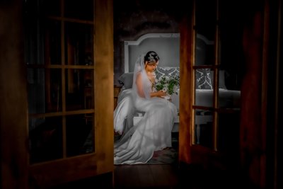 Bride with French Doors:  Elora Mill Hotel Photographer