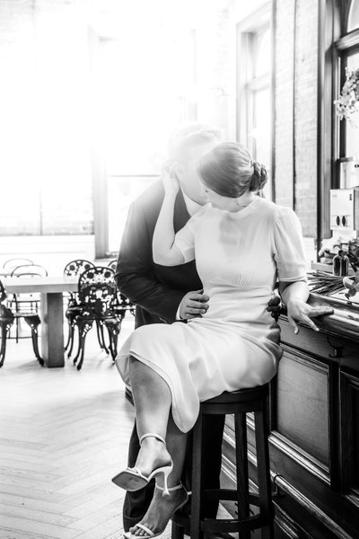 Bride Groom Sitting at Bar:  Black and White Photographer