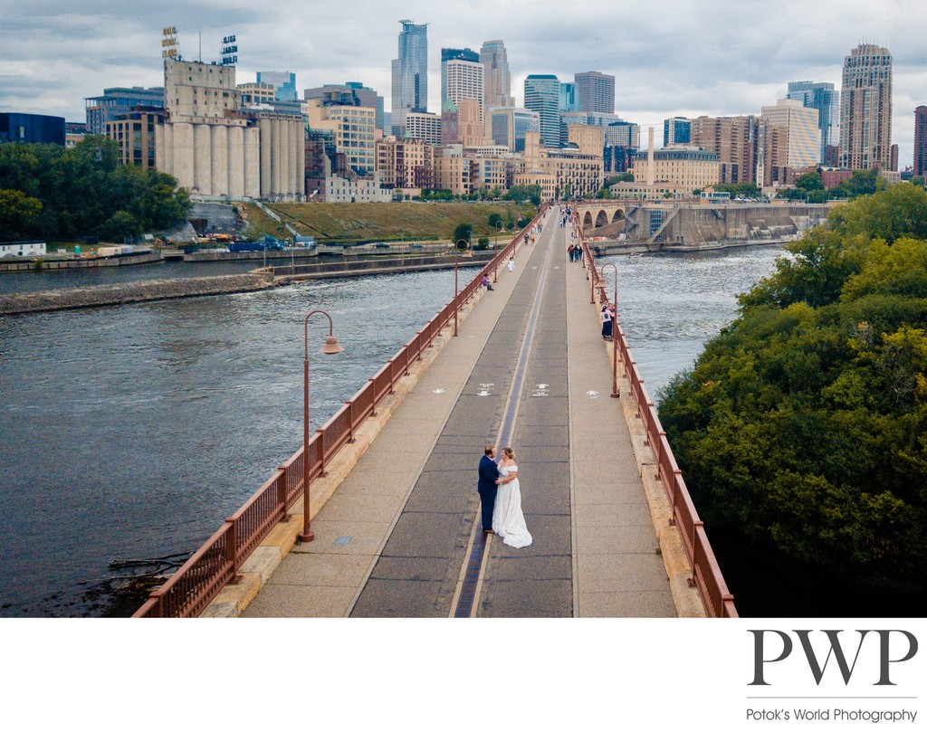 Striking Drone Wedding Photo on the Stone Arch Bridge